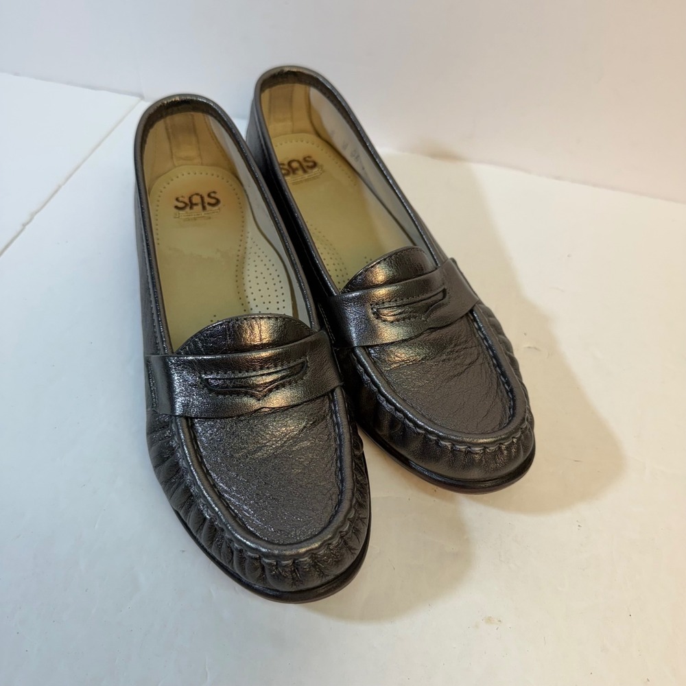 SAS Womens Penny Loafers Metallic Pewter Leather Tripad Comfort 8 M 113990